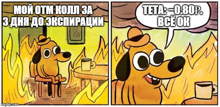 Мой OTM колл за 3 дня до экспирации. Тета: −0.80₽. Всё ок